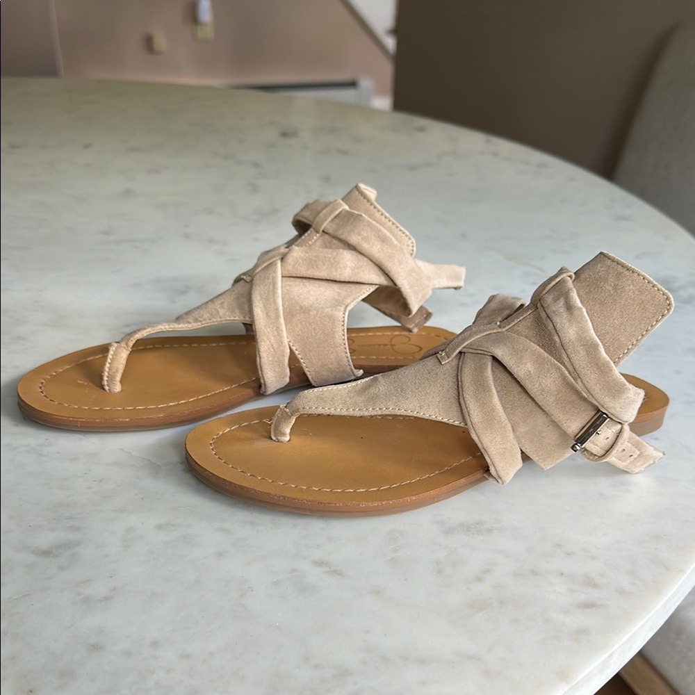 Jessica Simpson Tan Sandals with Ankle Wrap and Bow